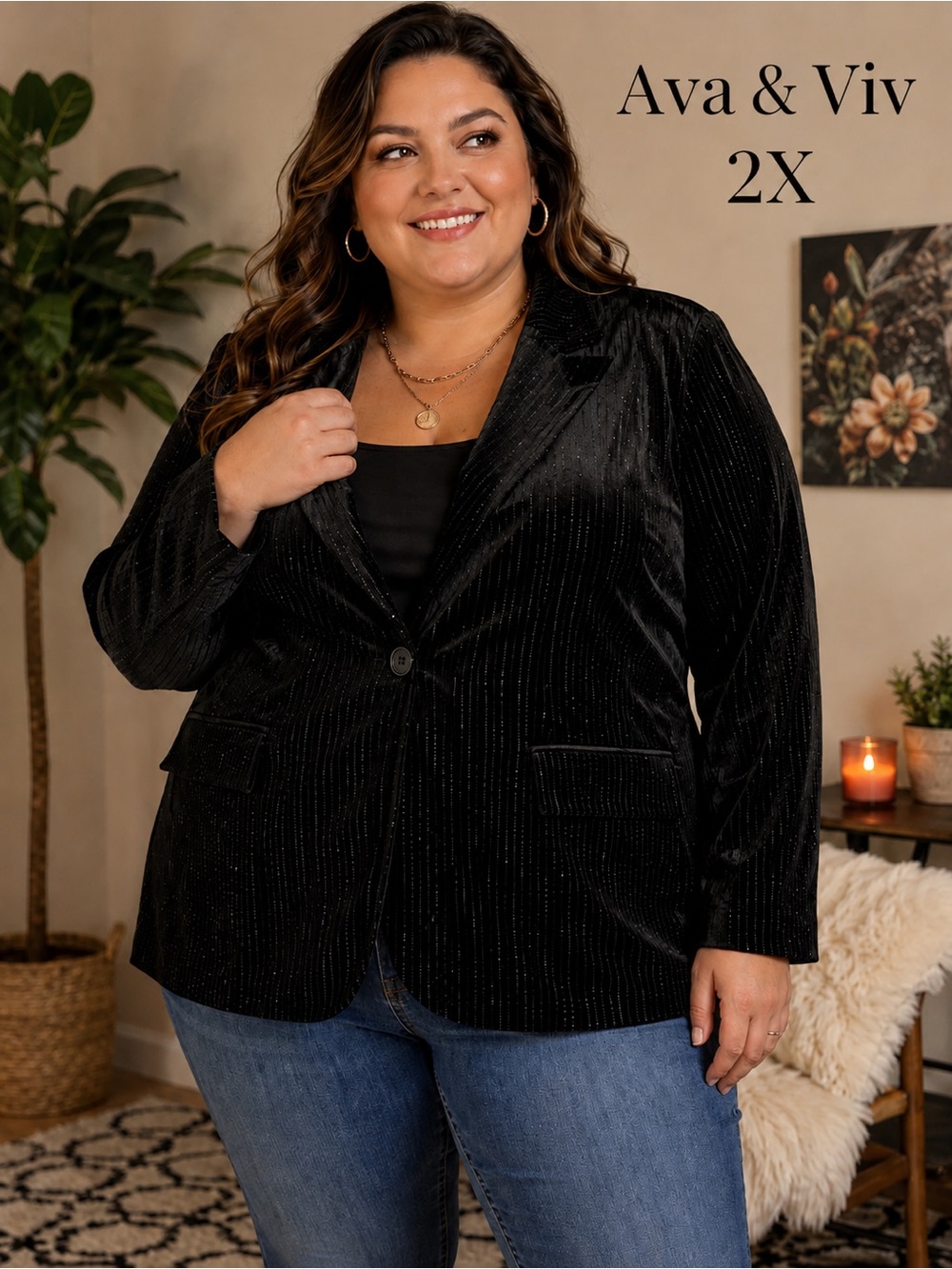 Ava & Viv 2X Black Velvet Metallic Pinstripe Blazer Plus Size